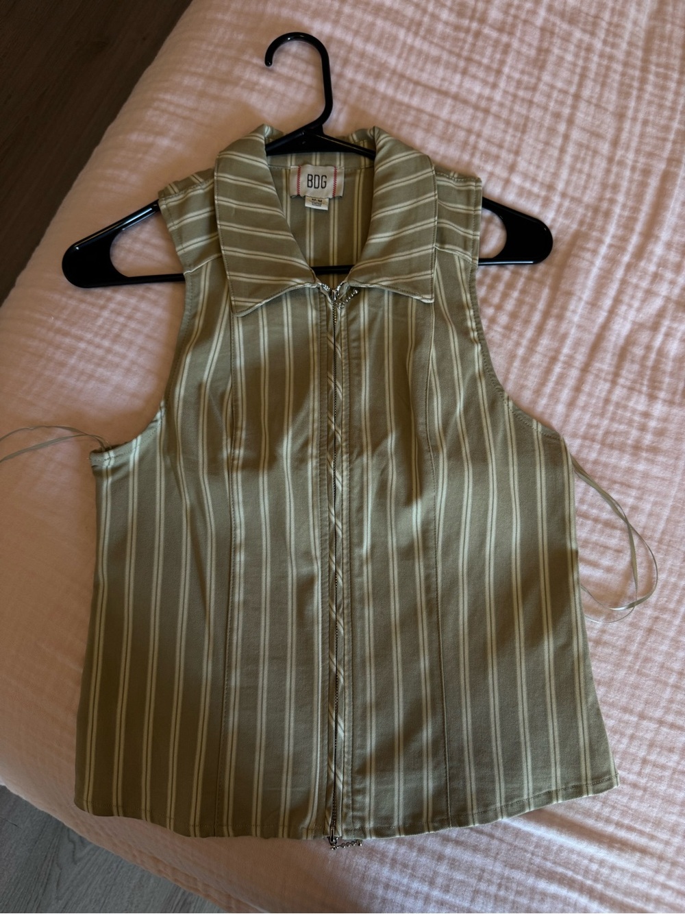 BDG Olive Striped Zip-Up Sleeveless Collared Top